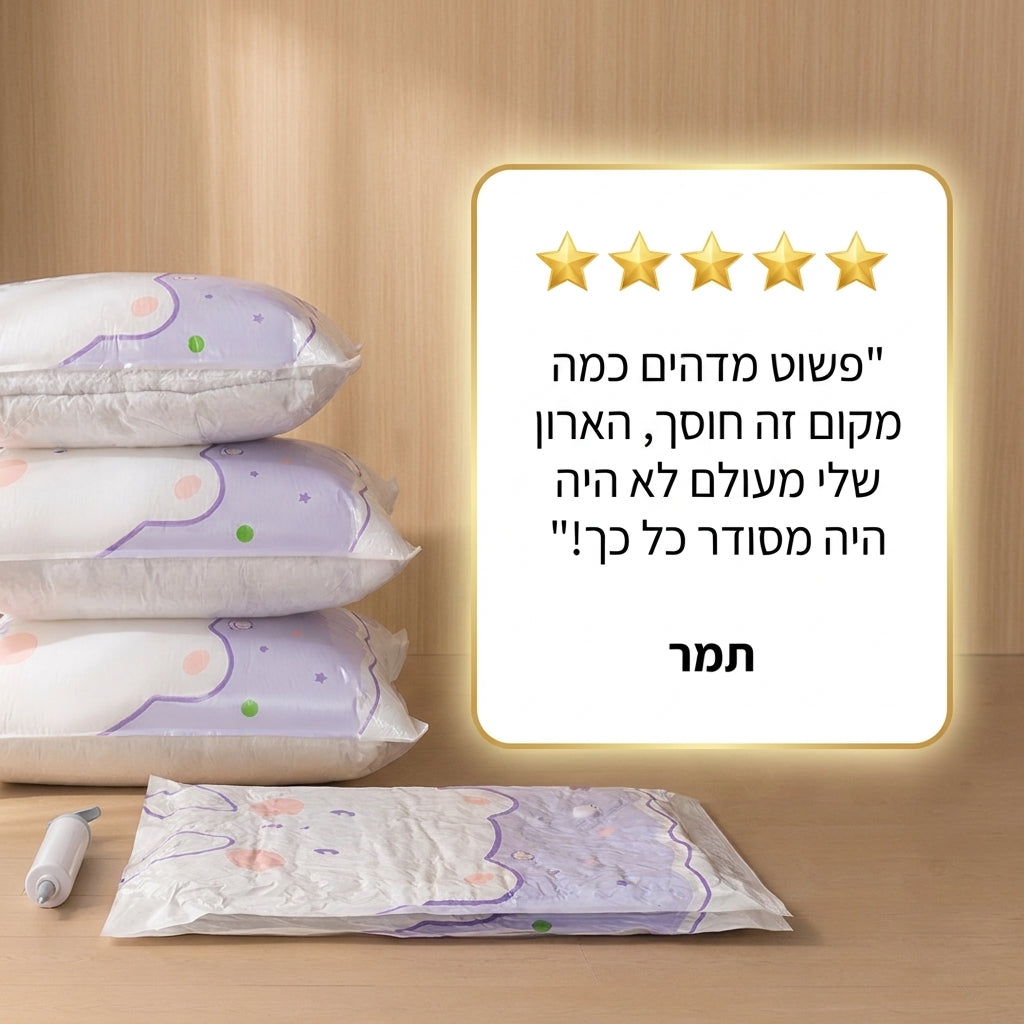 Spaceva™ – שקיות ואקום לאחסון שהופכות ערימות של בגדים ושמיכות לשטח אחסון מסודר